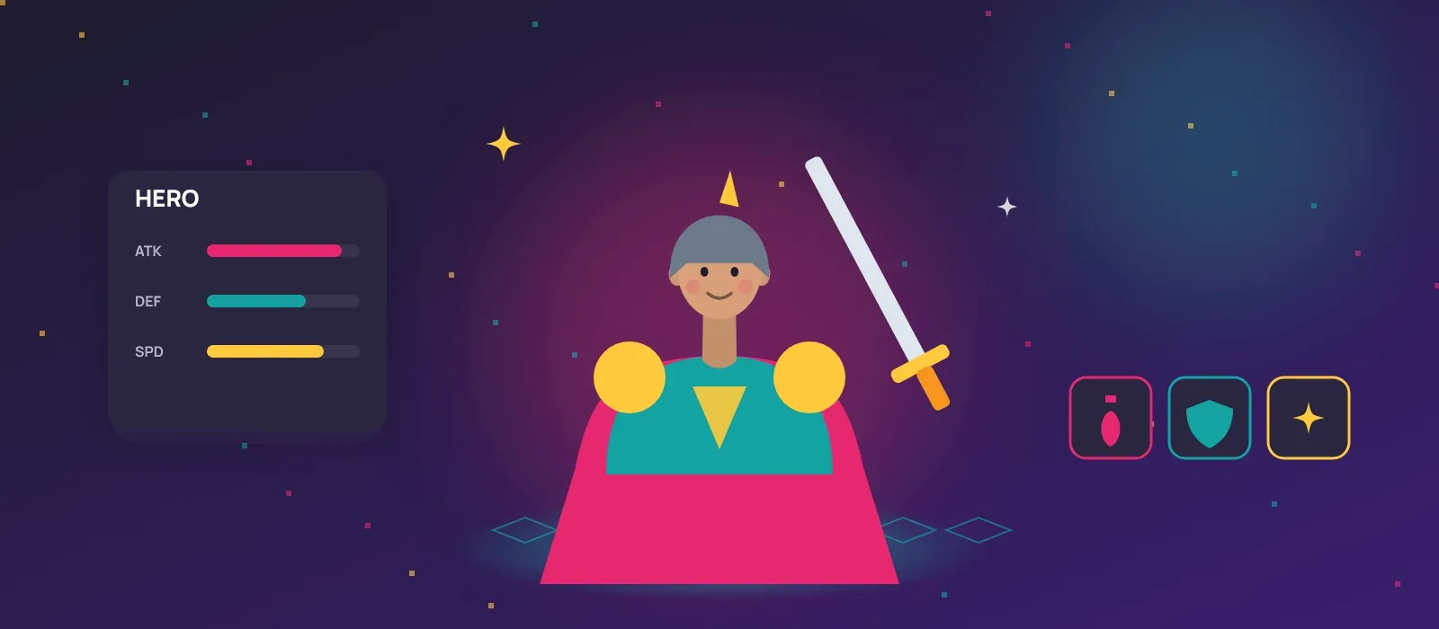 A game-ready hero character with stats card